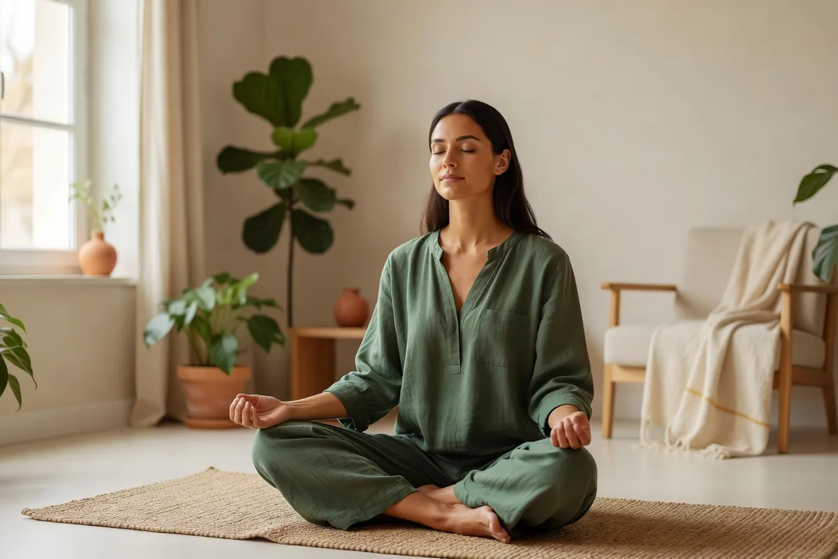 Femme en posture de méditation assise près d’une fenêtre lumineuse