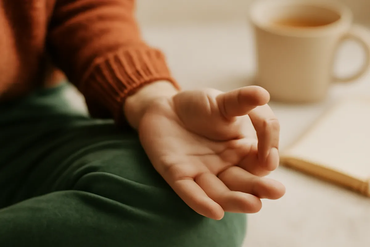 Mains en position de méditation avec carnet et tisane en arrière-plan