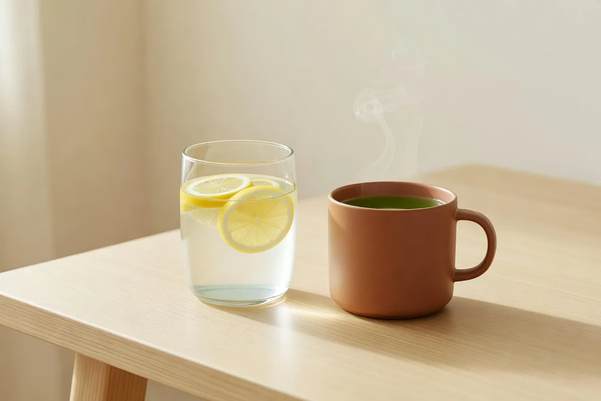 Verre d’eau citronnée et tasse de thé vert, boissons autorisées pendant le jeûne