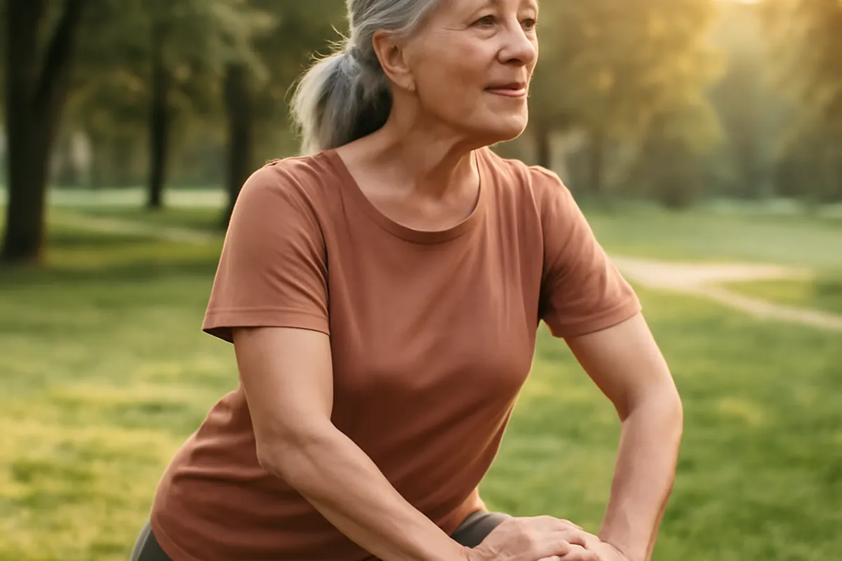 Femme mûre pratiquant une activité physique douce en extérieur