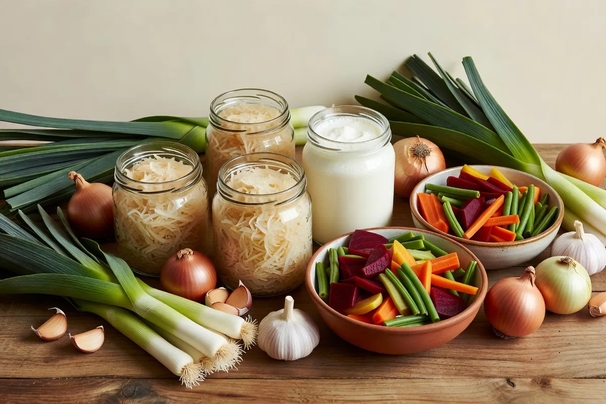 Aliments prébiotiques et probiotiques naturels disposés sur une table en bois