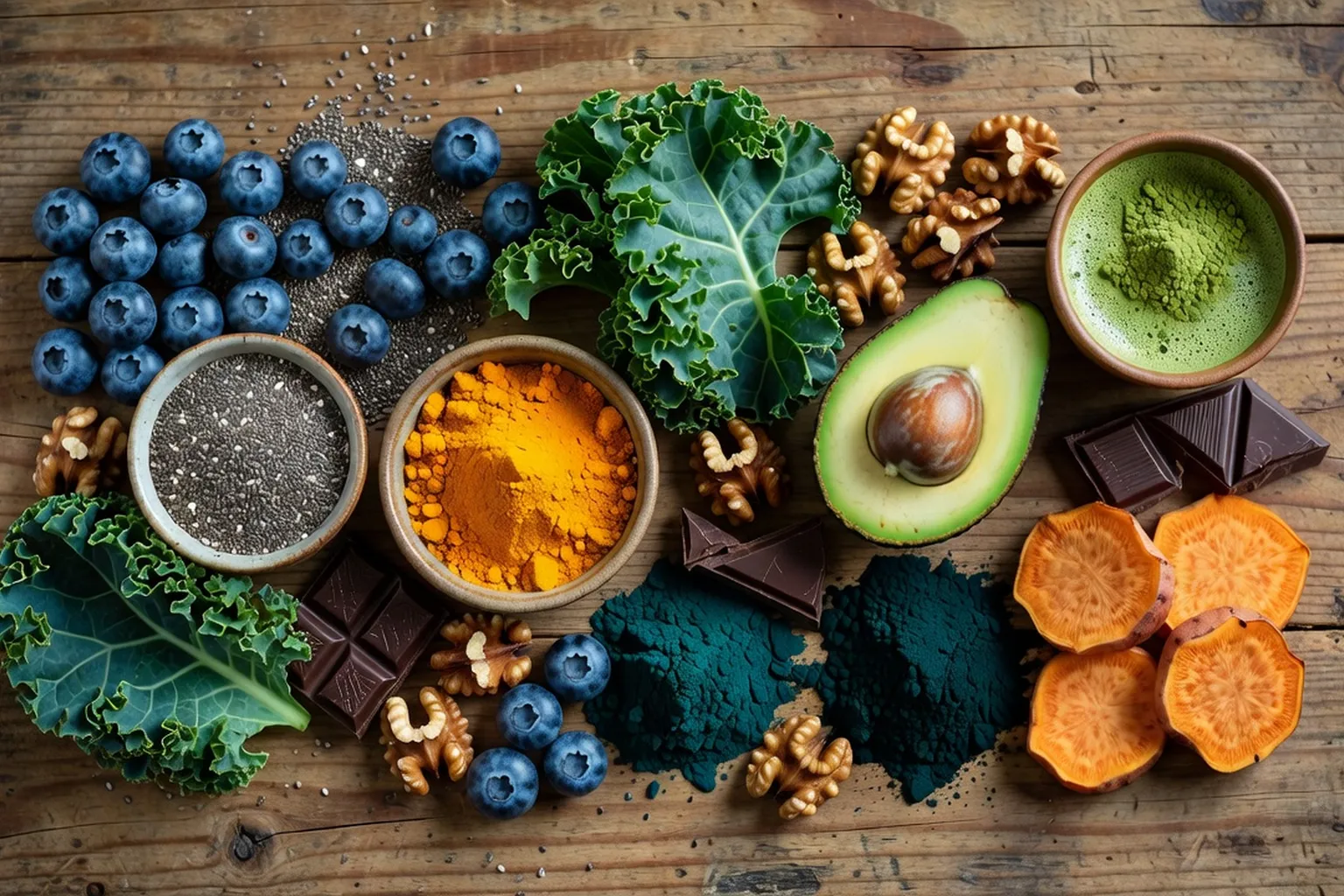 Les 15 superaliments les plus efficaces selon la science, présentés en flat lay sur fond bois